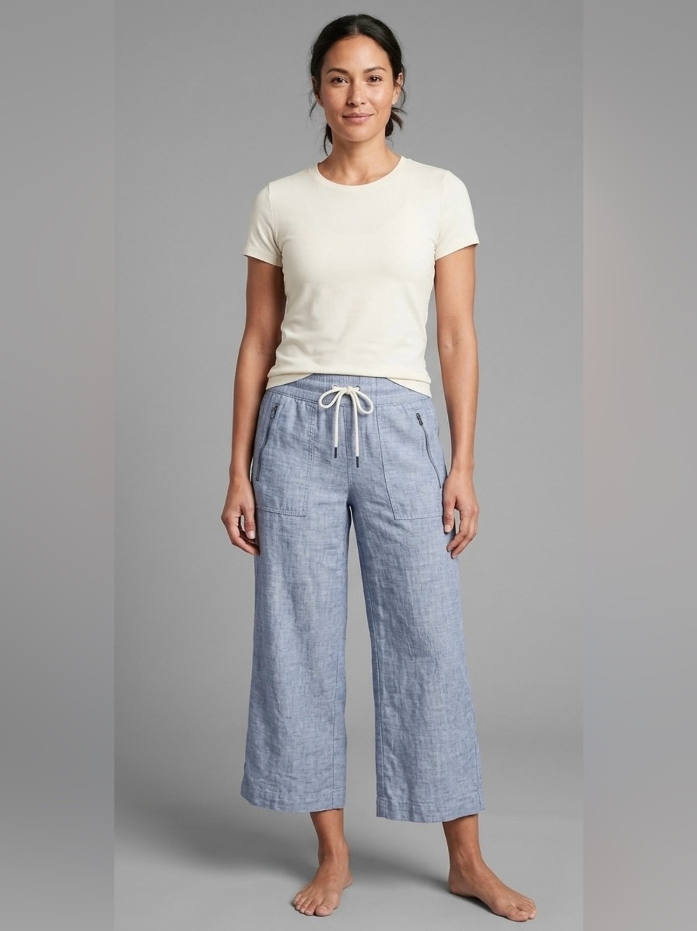 Athleta Linen Blend Cropped‎ Wide Leg Pants Chambray Blue Size 2p